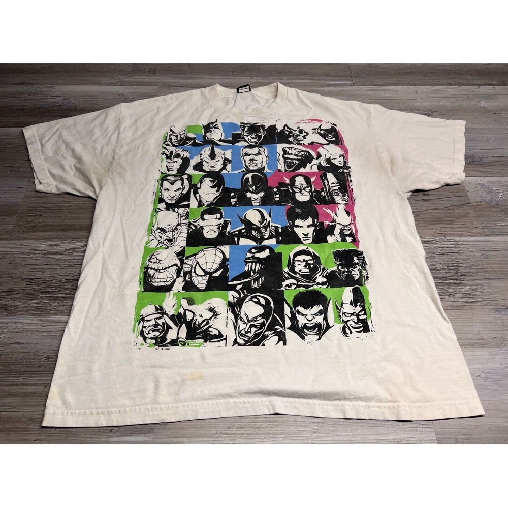 Vintage Y2K Marvel Mad Engine Superheroes Collage T-Shirt Neon Retro Faded 2XL